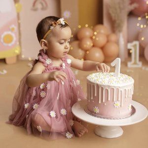 Dusty Pink Tulle Girl Dress Outfit Clothes Dress Flower Groovy Smash Cake Daisy